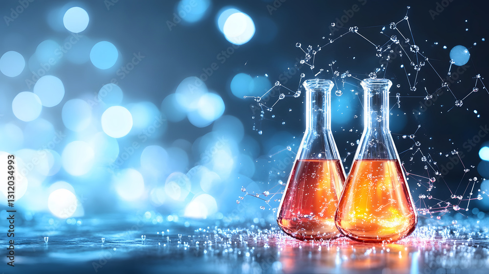 Poster Two laboratory flasks filled with orange liquid, surrounded by a sparkling blue background, create a dynamic and vibrant scientific atmosphere