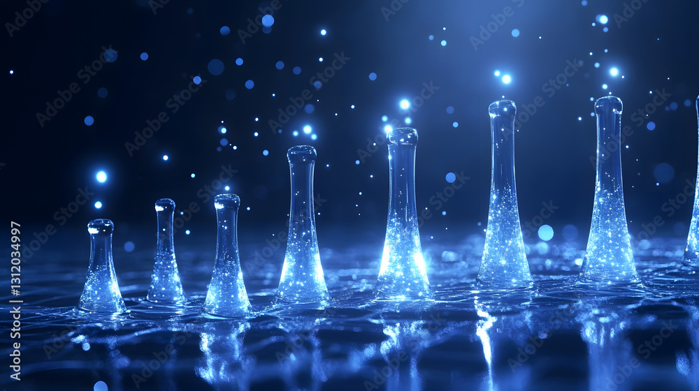 Poster a mesmerizing display of blue liquid droplets and laboratory glassware, creating a tranquil and vibr