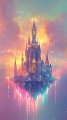 Magical castle floating in a dreamy sky.