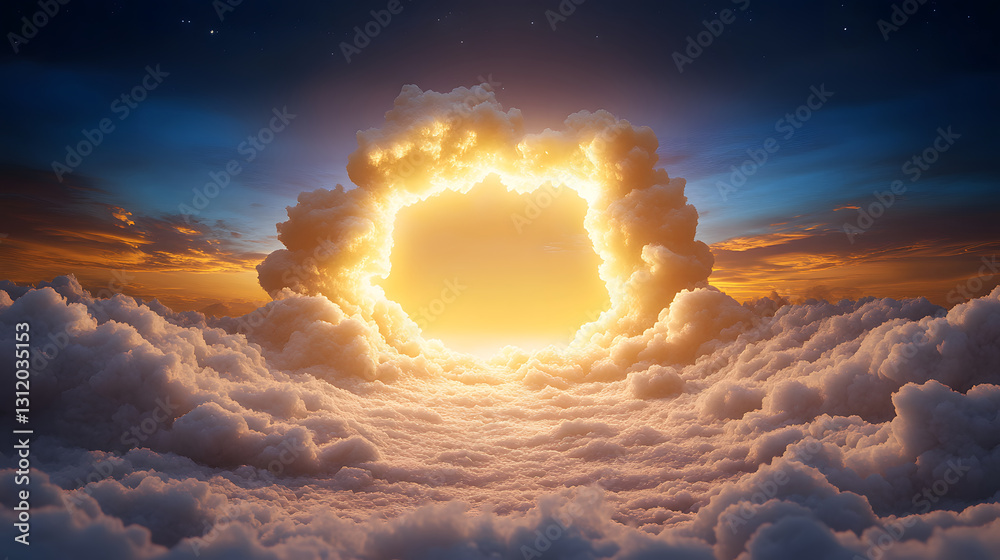 Poster A mesmerizing sunset peeks through a circular gap in the clouds, creating a stunning visual contrast over a sea of fluffy cloud cover