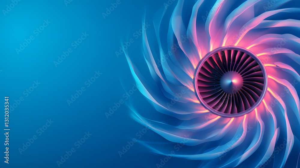 Poster a vibrant digital illustration of a turbine engine with swirling patterns, set against a blue backgr