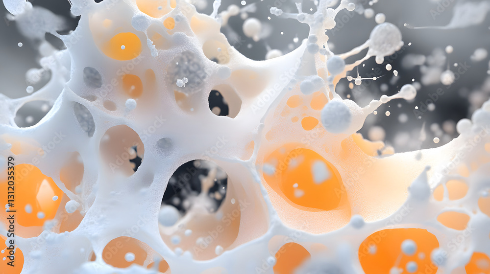Poster Abstract image showcasing a network of bubbles and foam with vibrant orange elements, creating a dynamic and fluid visual experience