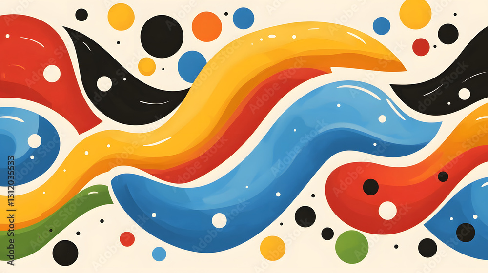 Poster A vibrant abstract design featuring flowing waves of color, interspersed with circles and dots, creating a lively and dynamic visual effect