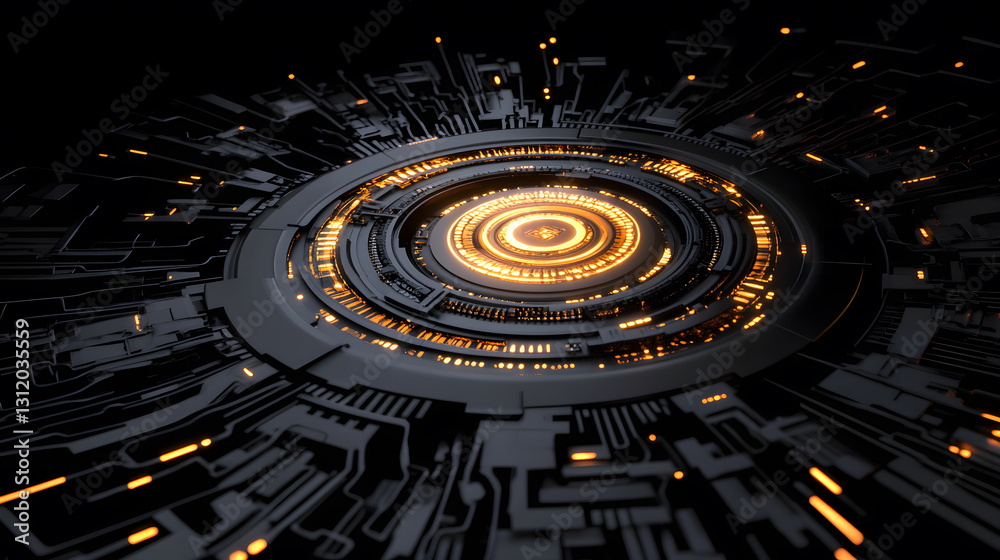 Poster A futuristic digital design featuring concentric circular patterns with glowing elements, suggesting technology and innovation