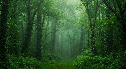 Fototapeta premium Mystical Green Forest Path Foggy Woodland Trail Lush Nature Scene