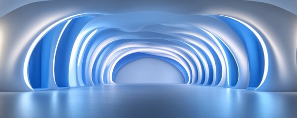 Obraz premium Abstract futuristic interior with glowing blue arches, reflective floor, and soft lighting. Clean, modern design with a sense of depth and perspective.