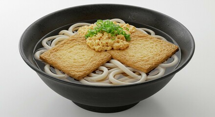 Delicious Japanese Udon Noodle Soup with Abur age Tofu and Egg Yolk