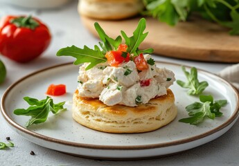 Delicious Chicken Salad on Flaky Biscuit with Fresh Greens and Vibrant Vegetables Against Light Table Background for Culinary Inspiration