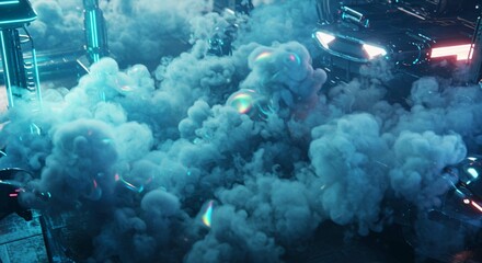 Futuristic Cyberpunk Cityscape Car Emerging from Teal Smoke Clouds