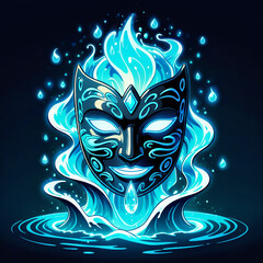 A black, ornate mask magically rises from a pool of blue flames, creating a captivating fantasy scene.