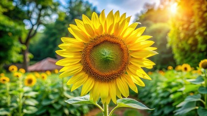 Large sunflower with strong stem and big bright yellow petals standing tall in the garden, botanical, leaves, garden