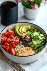 Fresh buddha bowl with quinoa, hummus, tomatoes, avocado, cucumber, black sesame seeds and almonds. Healthy plant based lunch served with coffee.
