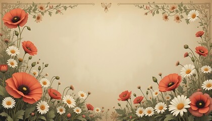 Fototapeta premium Poppy and Daisy Floral Frame with Beige Background and Butterfly