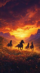 Horses galloping energetically through a meadow at sunset. Vertical