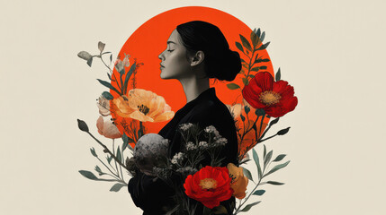 serene woman with closed eyes is surrounded by vibrant flowers against bold orange circle, creating harmonious and artistic composition