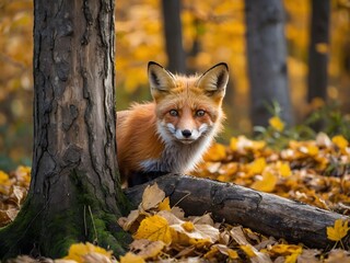 Obraz premium Red Fox on a Tree Trunk in Fall