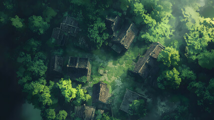 Aerial View of a Secluded Village Nestled in a Lush Green Forest