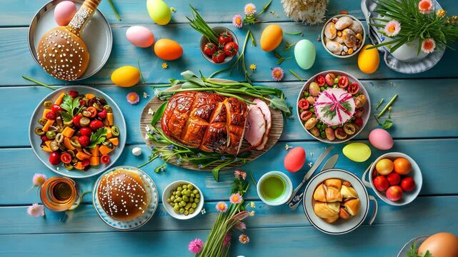 Easter Feast with Traditional Dishes and Vibrant Eggs, generative AI video