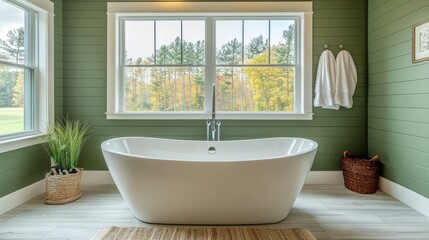 Fototapeta premium Soft sunlight spills into a peaceful bathroom adorned with dill green walls. A stylish freestanding tub centers the space, surrounded by lush greenery and warm textures, inviting relaxation