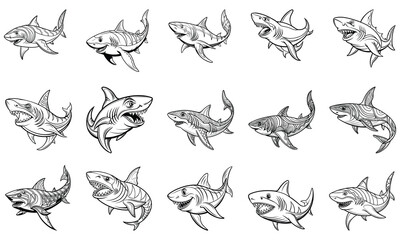 Obraz premium Detailed Shark Coloring Page for Adults, Perfect for Relaxation and Stress Relief, Ideal for Printable Art Therapy or Adult Coloring Books, High-Quality Line Art Illustration.