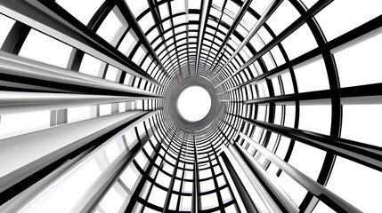 Naklejka premium Abstract grayscale image depicting a spiraling tunnel like structure with repeating geometric patterns and a bright light at the end. The design features sharp lines and high contrast.