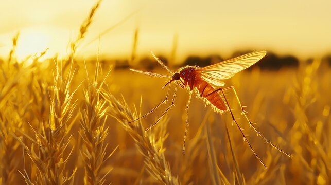 Mosquito in golden field at sunset