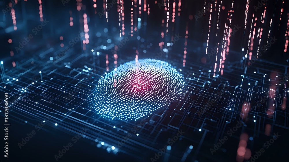 Poster digital fingerprint scan visualization on circuit board with glowing blue and pink particles, cyber 
