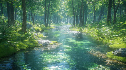 Crystal-Clear Stream Winding Through Mossy Temperate Rainforest in Hyper-Realistic Nature Photography

