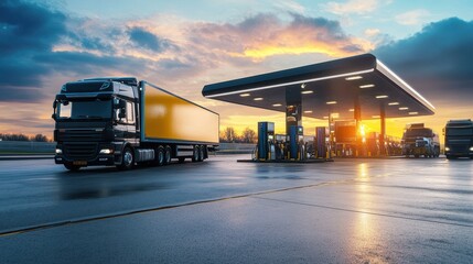 A biofuel filling station with trucks refueling in the background, showcasing an eco-friendly approach to energy.