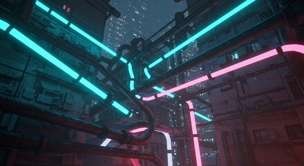 Cyberpunk Cityscape Neon Lights Reflecting on Futuristic Pipes and Buildings at Night