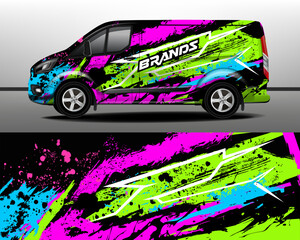Vector delivery van design. Graphic abstract stripes and paint splashes racing background for truck and car wrap design. Car design development for company.