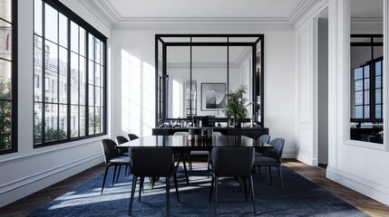 Fototapeta premium Modern dining room with city view, bright sunlight. Interior design, potential stock photo