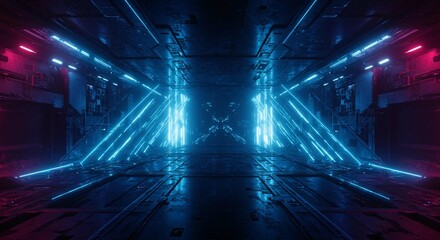Futuristic Neon Sci Fi Corridor Glowing Blue and Pink Lights in a Cyberpunk Tunnel © Triana