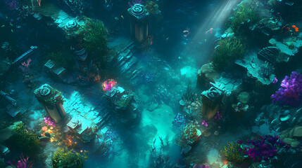 Obraz premium Sunken City Underwater Ruins and Vibrant Coral Reef