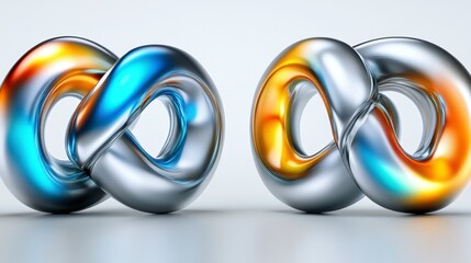 Abstract 3D render of two metallic, interconnected infinity symbols. One shows blue and silver tones, the other gold and silver.  The background is a bright, neutral gray.