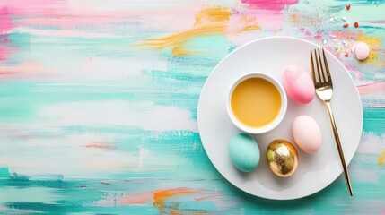 White plate with easter eggs in various colors and a golden fork on a colorful painted wooden table