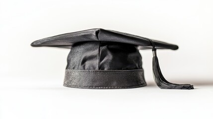 A black college hat, isolated on a white background, showcasing its traditional academic design.