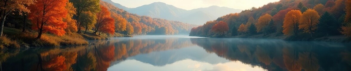 Fototapeta premium Reflections on a peaceful lake amidst fall foliage, peaceful atmosphere, autumn foliage, calmness