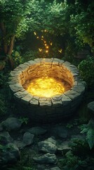 Magical well glowing amidst lush greenery.