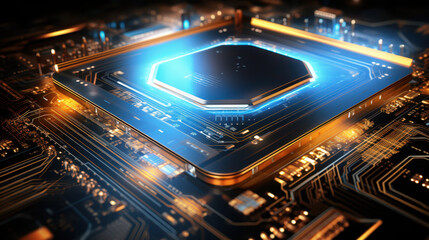 The Heart of Technology: A close-up view of a powerful central processing unit (CPU) with its intricate circuitry and glowing blue core, a symbol of processing power and computational capability. 