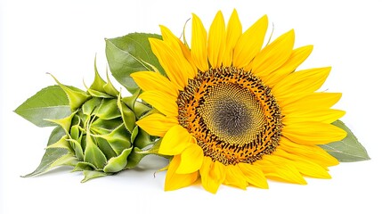 Obraz premium Bright Yellow Sunflower and Bud on White Background