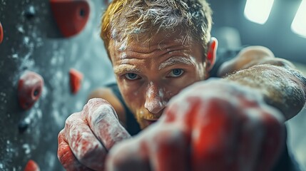 Intense Rock Climber Focused on Reaching the Next Hold