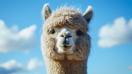 Obraz premium Friendly alpaca with soft wool smiles against a clear blue sky with fluffy white clouds creating a cheerful atmosphere