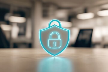 Endpoint cyber security defense. Neon shield with a lock symbolizing digital security and protection in a modern setting.