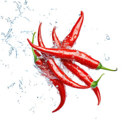 Fiery Splash: Red chili peppers burst into vibrant display as they interact with water droplets, capturing a fusion of spice and refreshment.