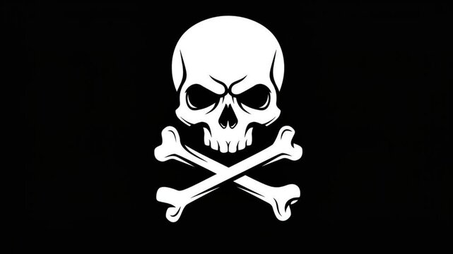 Looped frame-by-frame animation of skull with bones on black background, animated gif logo