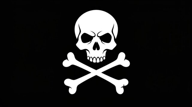 Looped frame-by-frame animation of skull with bones on black background, animated gif logo