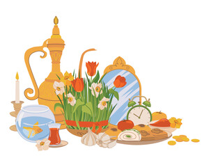 Products for the International Day of Navruz. Iranian New Year is a sacred day and religious holiday of Zoroastrians and Baha'is. Mirror, green grass, sweets, candles, vinegar, flowers. Flat vector.