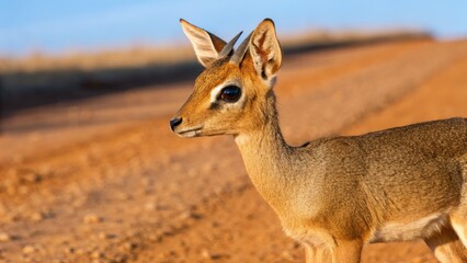Fototapeta premium a dik-dik antelope standing gracefully on a dusty track, looking alert. The tiny antelope is in its natural environment 