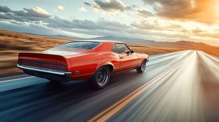 Fototapeta premium Muscle car from the 1970s roaring down a desert highway, motion blur creating a dynamic effect
